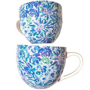 Lilly Pulitzer Floral Gold Blue Multi Ceramic Coffee Mug Cup Dishwasher Safe